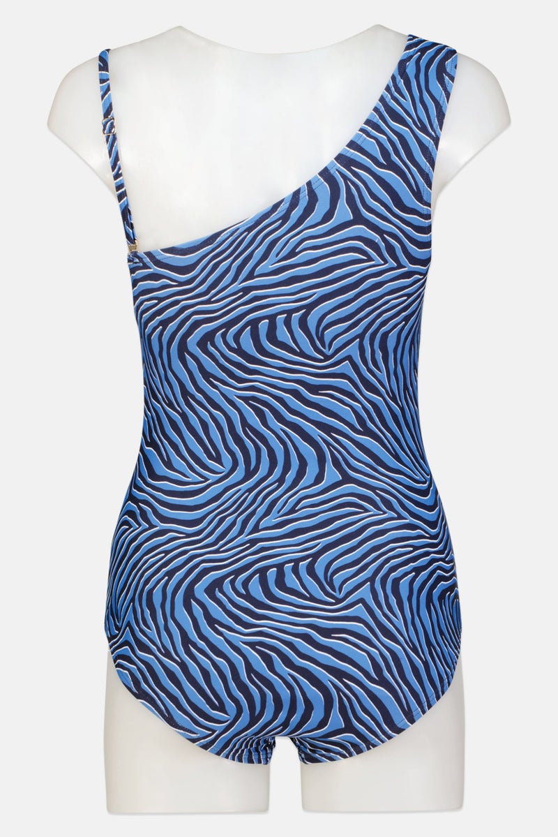 Women One Shoulder Animal Pattern One Piece Swimwear, Blue Combo