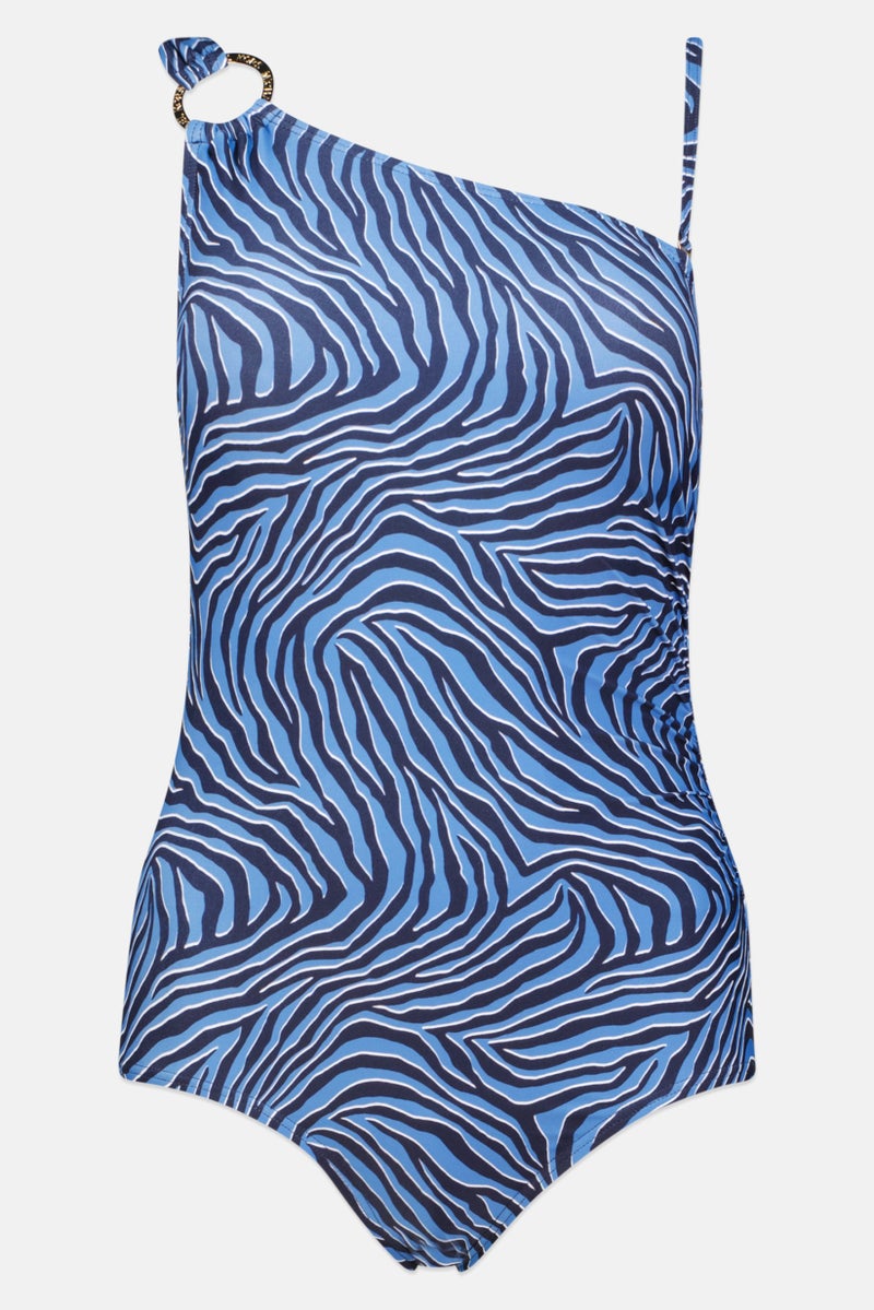 Women One Shoulder Animal Pattern One Piece Swimwear, Blue Combo