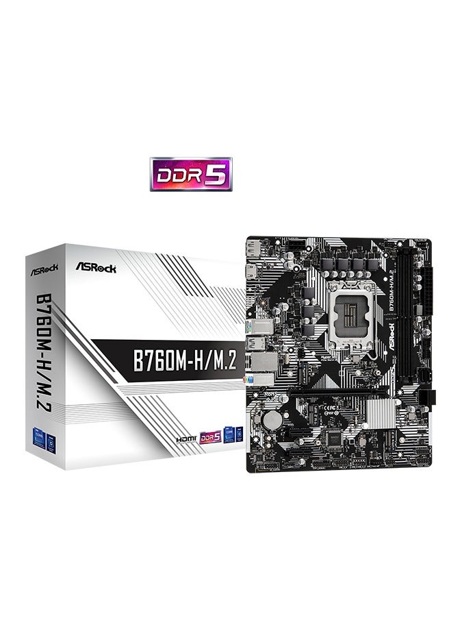 ASROCK B760M-H/M.2 DDR5 mATX motherboard, ASRock Intel 4-Layer Memory POOL (Planes on Outer Layers) Technology, CPU slot LGA 1700, 5 +1+1 Power Phase, 2X DDR5 slots, 3X PCIe slots, HDMI and Display port for graphics, 11X USB, 4X SATA III,  2X M.2, Realtek LAN, Chipset intel B760M