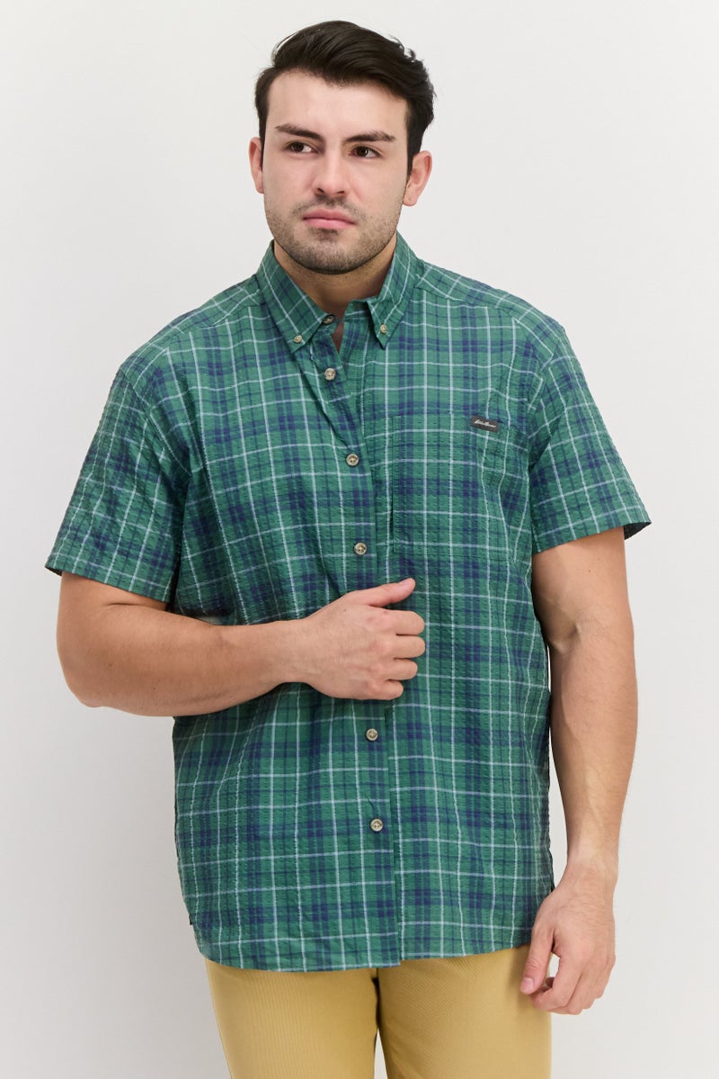 Men Classic Fit Plaid Short Sleeve Casual Shirt, Green Combo