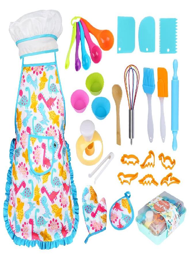 Kkmon Kids Baking Sets for Girls - 29 Pcs Kids Cooking Sets Real Birthday Gifts for 3-12 Year Old Girls to Dress Up Chef Costume Set for Girls with Kids Cooking Aprons, Chef Hat and Baking Utensils