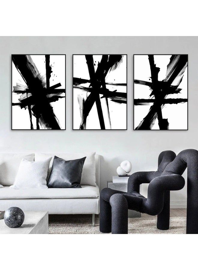 Black And White Brush Strokes Minimalist Abstract Set Of 3 Alloy Matt - Black Frame Wall Art