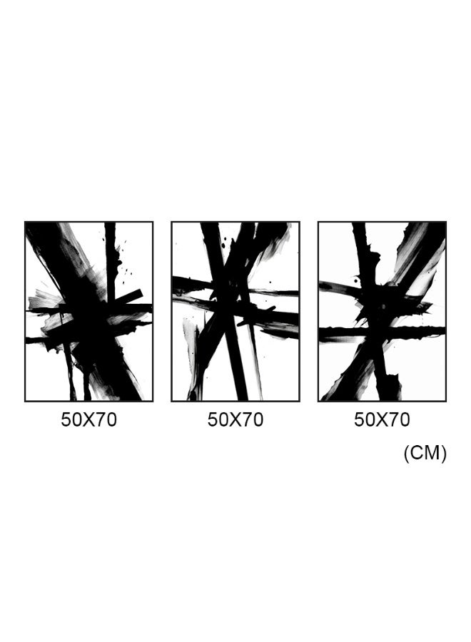 Black And White Brush Strokes Minimalist Abstract Set Of 3 Alloy Matt - Black Frame Wall Art
