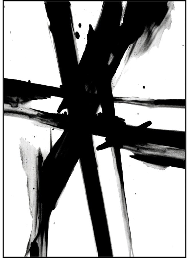 Black And White Brush Strokes Minimalist Abstract Set Of 3 Alloy Matt - Black Frame Wall Art