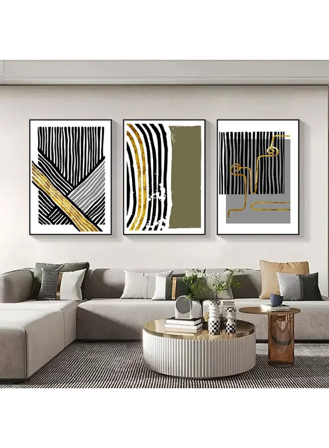 Black And White Lines Set Of 3 Alloy Matt - Black Frame Wall Art