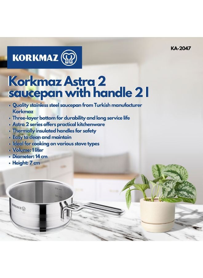 Korkmaz ASTRA 2 saucepan with Lid, 16x9 cm Size, 1.80 Litre Capacity