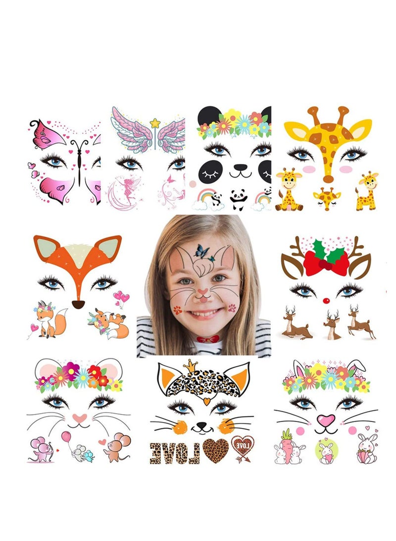 Animal Temporary Face Paint Tattoos, Water Transfer Butterfly Panda Deer Giraffe Fairy Floral Festival Body, 10 Sheets Waterproof Party Supplies Favors Makeup Skin Decor for Girl Boy