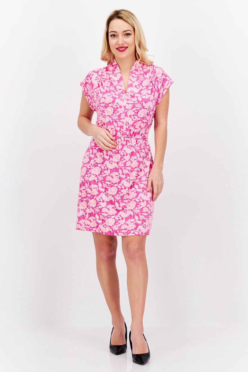 Women Floral Print Midi Dress, Pink Combo