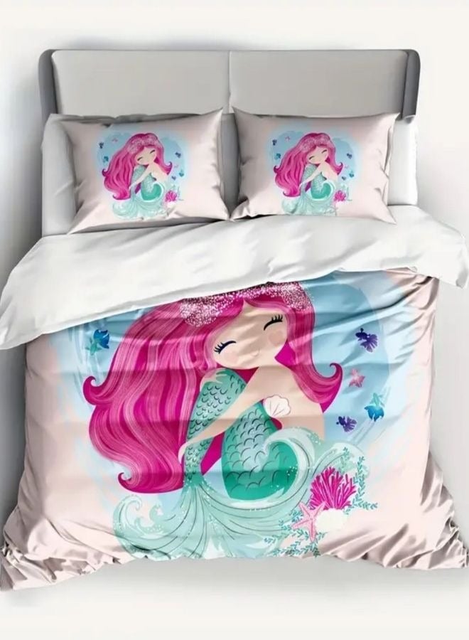 Single size 4 piece bedding set with duvet cover 3D mermaid design.