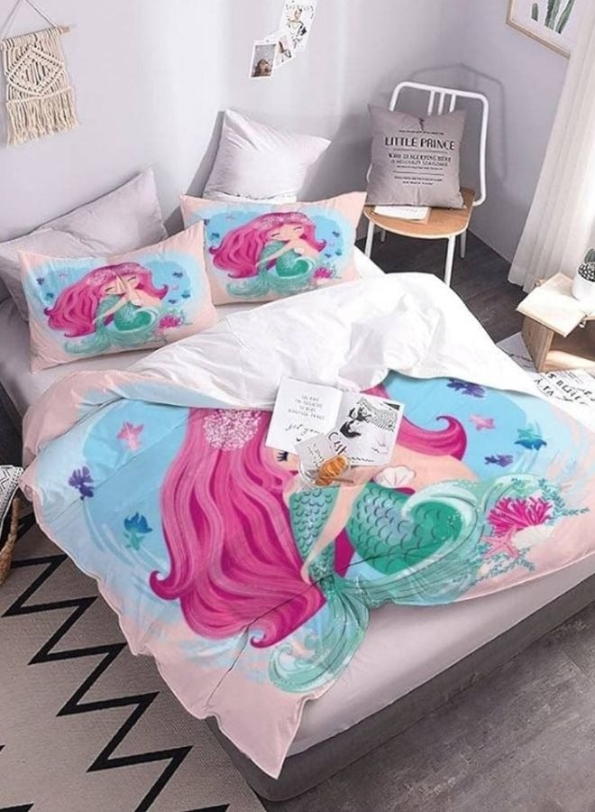 Single size 4 piece bedding set with duvet cover 3D mermaid design.