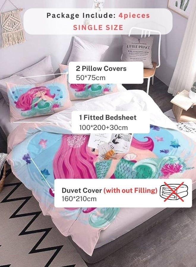 Single size 4 piece bedding set with duvet cover 3D mermaid design.