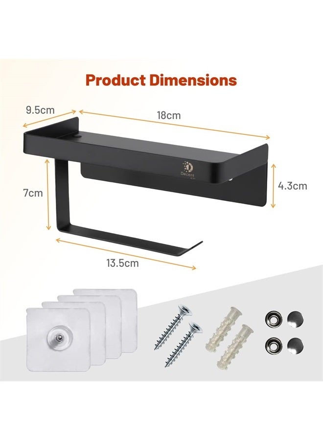 Decent Icon 2 in 1 Toilet Roll Holder with Shelf, SUS304 Stainless Steel - Larger 18x9.5cm Shelf Space, Secure Top Edge, Holds Larger Rolls, Wall Mounts with 4 Self Adhesives or Screw Attach, Black