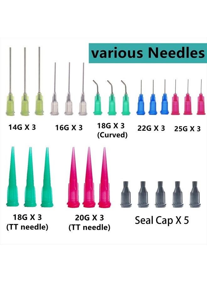 20 Pack Dispenser and 30ml+50ml Glue Bottle, 1ml, 3ml, 5ml, 10ml, Dispenser, 14ga, 16ga, 18ga, 20ga, 22ga, 25ga dispensing head and Caps, for Refilling and Measuring Liquids