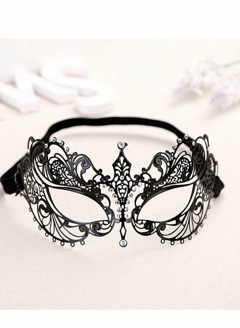 Masquerade Mask for Women Mardi Gras Deecorations Venetian Masks Metal Shiny Rhinestone Halloween Party Evening Prom Ball Costumes Accessory, Black