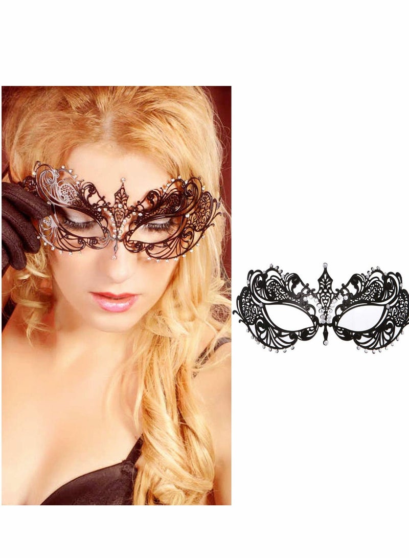 Masquerade Mask for Women Mardi Gras Deecorations Venetian Masks Metal Shiny Rhinestone Halloween Party Evening Prom Ball Costumes Accessory, Black