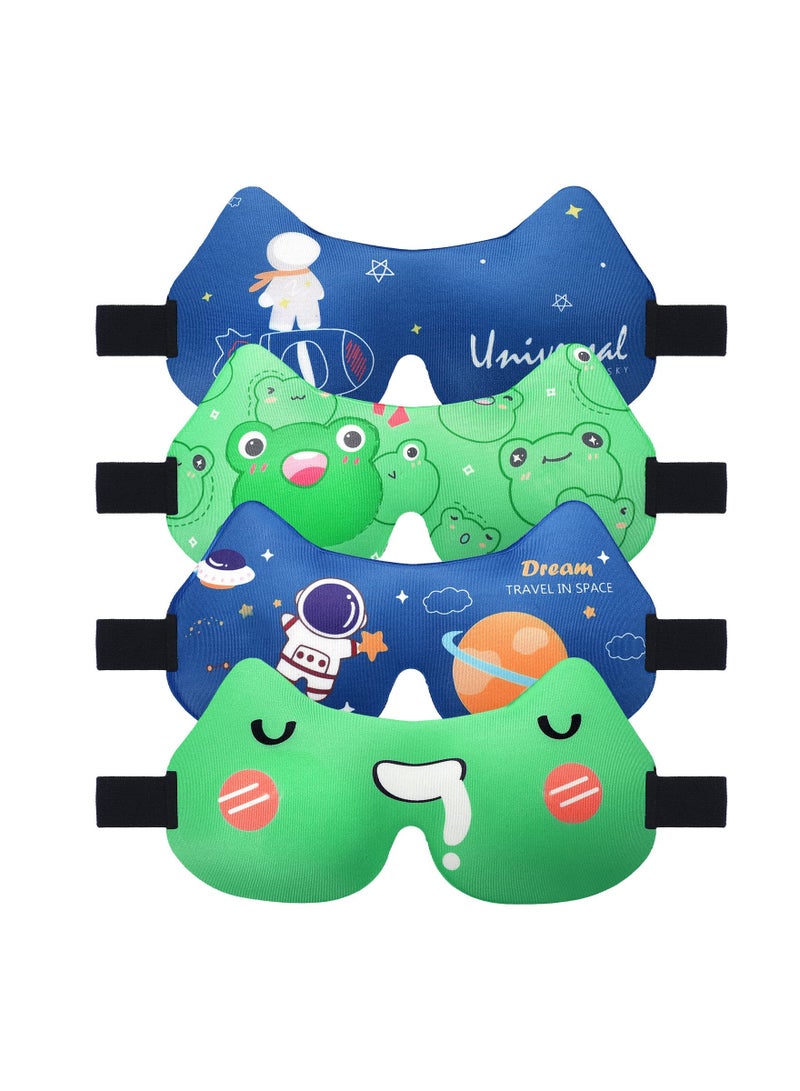 Sleep Eye Mask, 4 Pairs for Boys Grils Cartoon Sleeping Mask 3D Contoured Blackout Blindfold Night for Men Women Sleeping Travel Work Naps Blocks Light, Planet Rocket Frog Patterns, Blue and Green