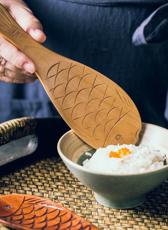 2 PCS Wooden Fish Shaped Rice Spoon.Beige, Brown