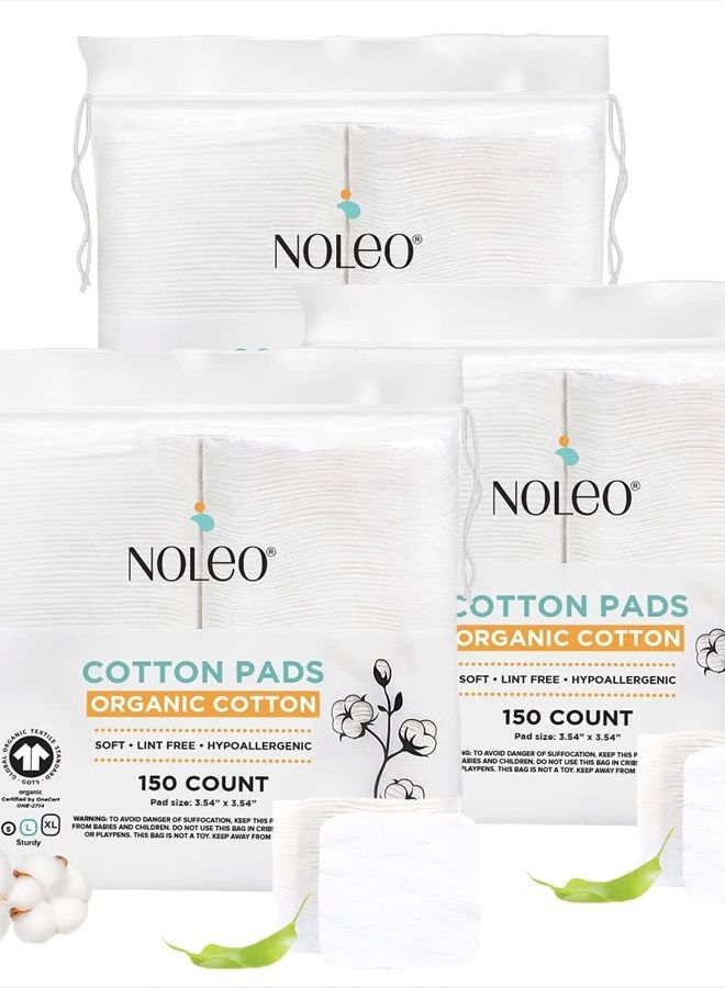 Organic Cotton Pads (450 Count (Pack of 3), Large & Pressed) - Lint Free , Soft, No Hard Edges, 3