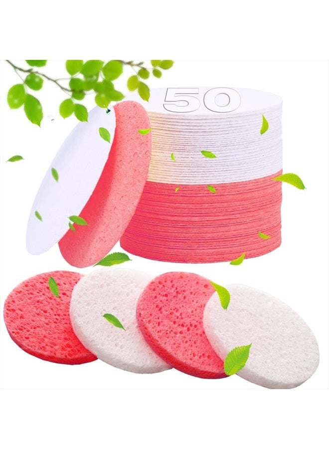 50-Count Compressed Facial Sponges for Estheticians- 100% Natural Cellulose Face Sponge Spa Sponges for Face Cleansing, Massage, Pore Exfoliating, Mask, Makeup Removal (White+Pink)