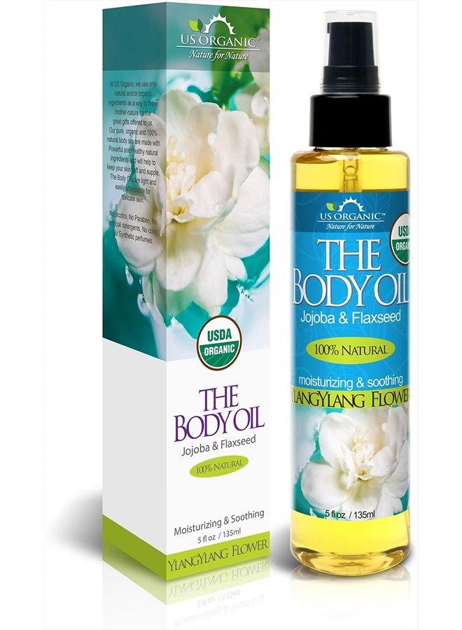 Body Oil - Rich Floral Ylang Ylang - Jojoba and Flaxseed Oil with Vitamin E, USDA Organic, No Alcohol, Paraben, Artificial Detergents, Color or Synthetic perfumes, 5 Fl.oz. (YlangYlang)