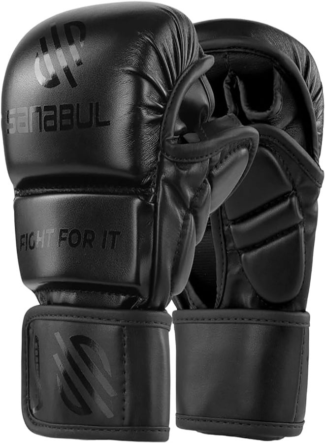 Essential 7 oz MMA Gloves Men & Women | Gloves for Martial Arts Sparring & Training Gloves | Hybrid MMA Kick Boxing Gloves Men | Grappling Gloves (All Black, Small/Medium)