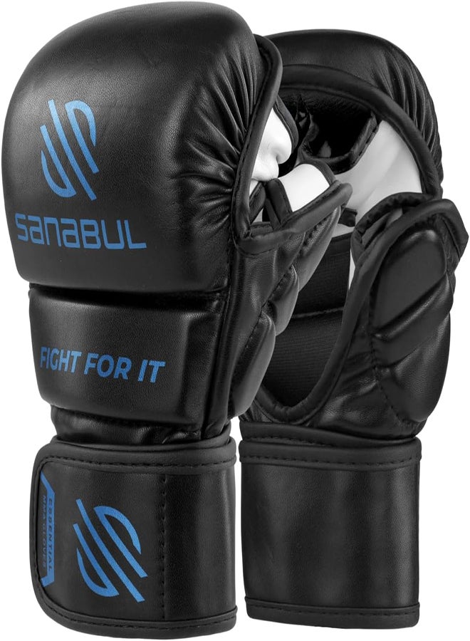 Essential 7 oz MMA Gloves Men & Women | Gloves for Martial Arts Sparring & Training Gloves | Hybrid MMA Kick Boxing Gloves Men | Grappling Gloves (Black/Blue, Small/Medium)