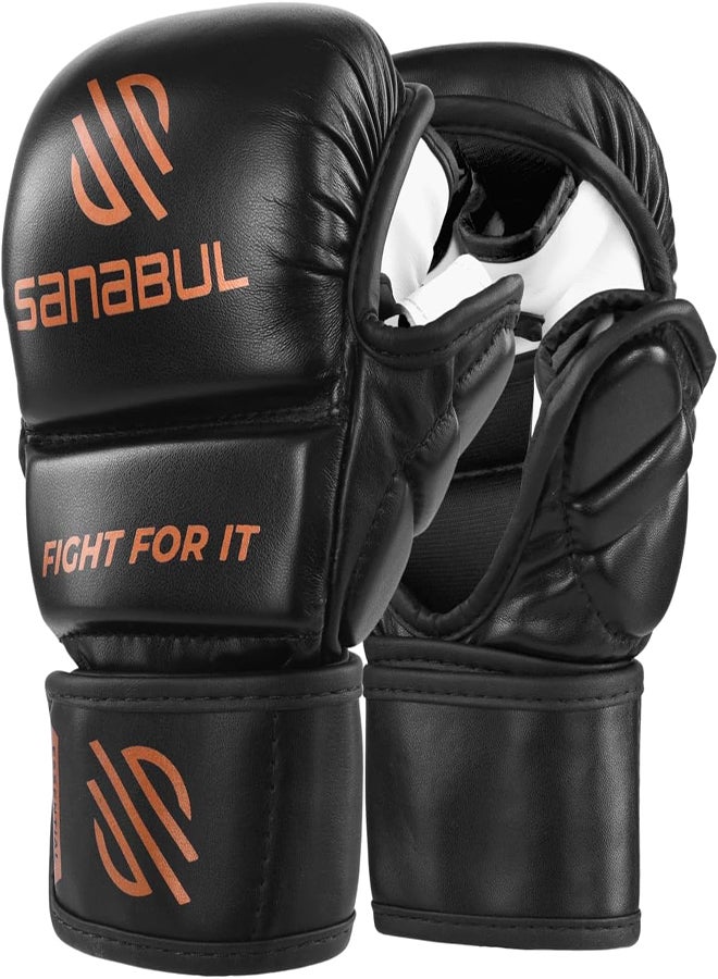 Essential 7 oz MMA Gloves Men & Women | Gloves for Martial Arts Sparring & Training Gloves | Hybrid MMA Kick Boxing Gloves Men | Grappling Gloves (Black/Copper, Small/Medium)