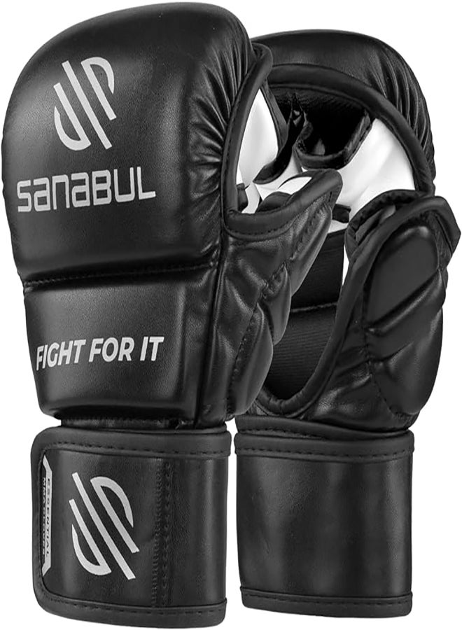 Essential 7 oz MMA Gloves Men & Women | Gloves for Martial Arts Sparring & Training Gloves | Hybrid MMA Kick Boxing Gloves Men | Grappling Gloves (Black/Silver, Small/Medium)