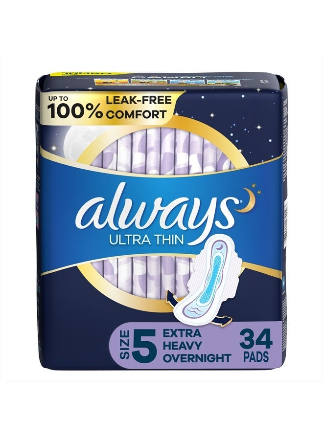 ALWAYS Ultra Thin Size 5 Extra Heavy Overnight Pads With Wings Unscented, Size 5, 34 Count