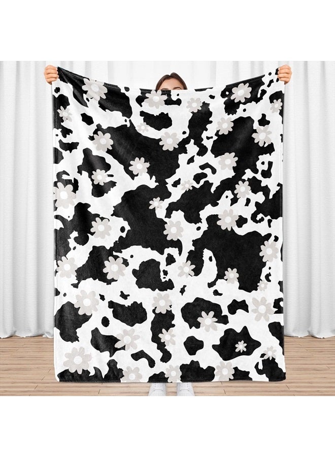Cow Print Blanket, Soft Fleece Flannel Cow Flower Blanket, Cow Blanket for Adult Couples, Cozy Warm Throw Blanket, Lightweight Black White Fuzzy Plush Gifts for Couch, Bed, Living Room, 60