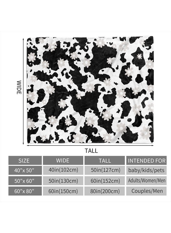 Cow Print Blanket, Soft Fleece Flannel Cow Flower Blanket, Cow Blanket for Adult Couples, Cozy Warm Throw Blanket, Lightweight Black White Fuzzy Plush Gifts for Couch, Bed, Living Room, 60