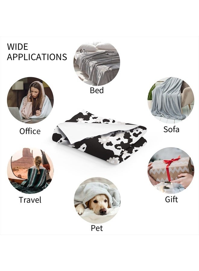 Cow Print Blanket, Soft Fleece Flannel Cow Flower Blanket, Cow Blanket for Adult Couples, Cozy Warm Throw Blanket, Lightweight Black White Fuzzy Plush Gifts for Couch, Bed, Living Room, 60