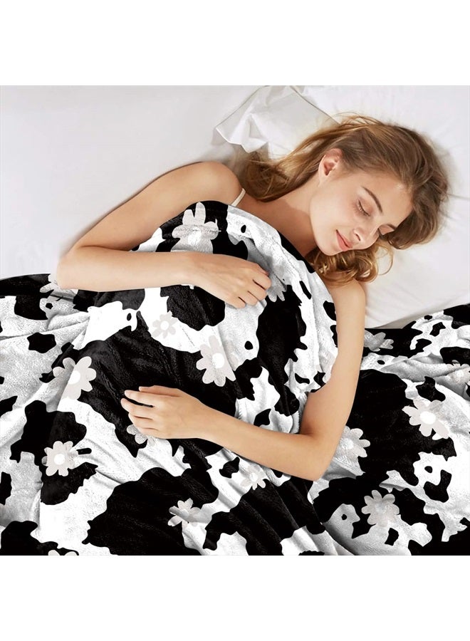 Cow Print Blanket, Soft Fleece Flannel Cow Flower Blanket, Cow Blanket for Adult Couples, Cozy Warm Throw Blanket, Lightweight Black White Fuzzy Plush Gifts for Couch, Bed, Living Room, 60