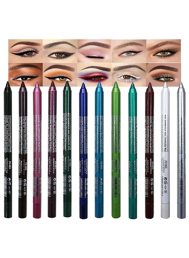 12Pcs Green Blue Brown White Colored Gel Glitter Eyeliner Pencils Pen Set lapiz delineadores de colores para ojos contra el agua Black Eye Liner Gel Pencil for Women Waterproof Smudge Proof