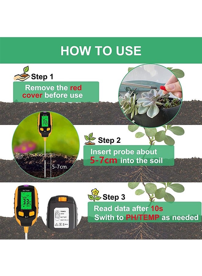 Upgraded 4-in-1 Soil PH Meter, Soil Tester Moisture with Light/PH/Temperatur, Digital Plant Thermometer Test, Moisture Meter Light for Gardening, Farming, Indoor and Outdoor Plants