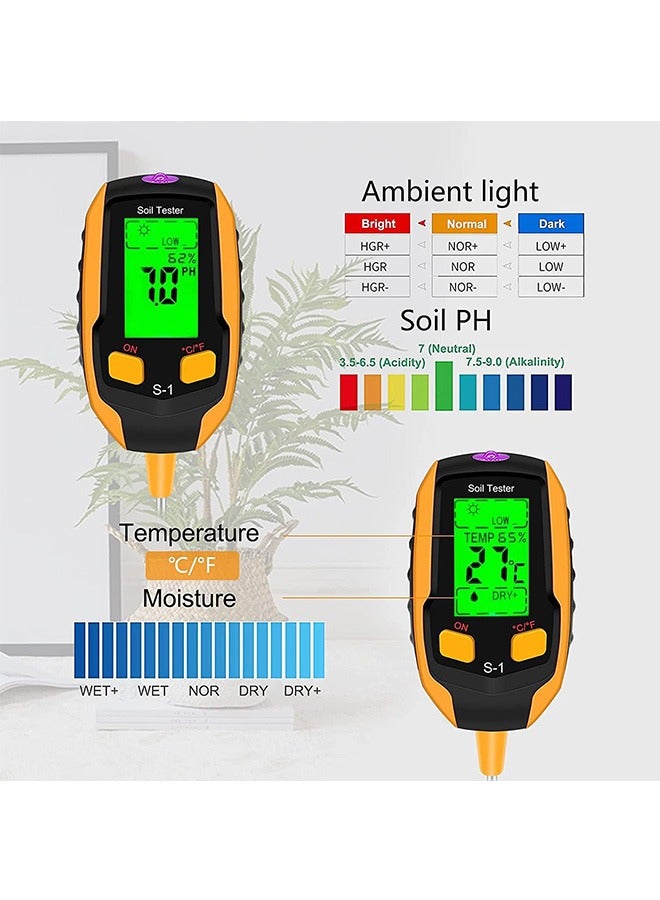 Upgraded 4-in-1 Soil PH Meter, Soil Tester Moisture with Light/PH/Temperatur, Digital Plant Thermometer Test, Moisture Meter Light for Gardening, Farming, Indoor and Outdoor Plants