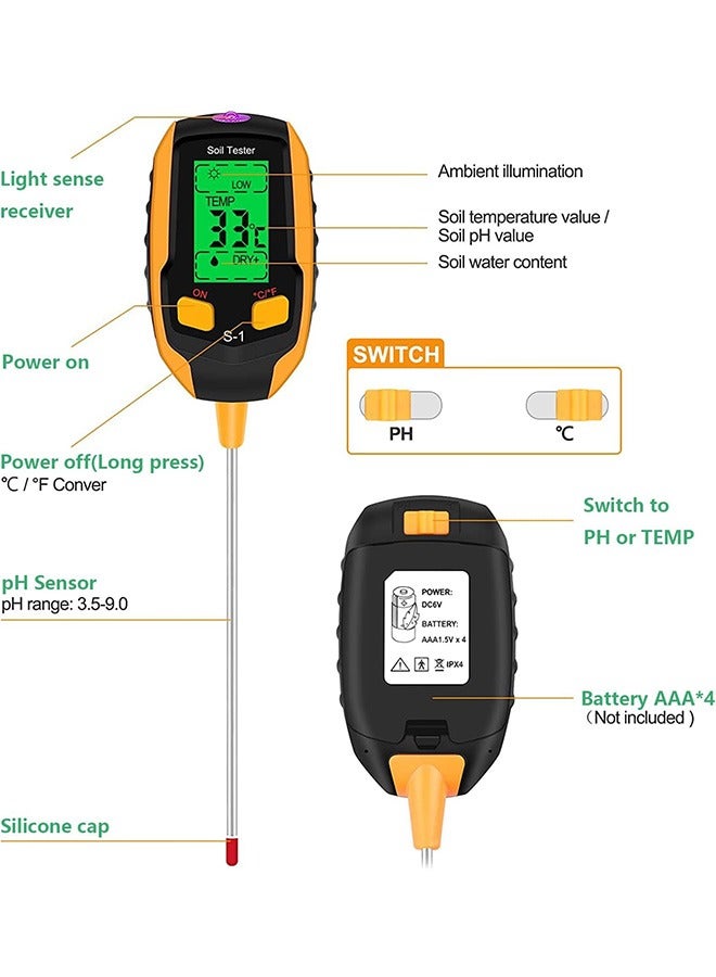 Upgraded 4-in-1 Soil PH Meter, Soil Tester Moisture with Light/PH/Temperatur, Digital Plant Thermometer Test, Moisture Meter Light for Gardening, Farming, Indoor and Outdoor Plants