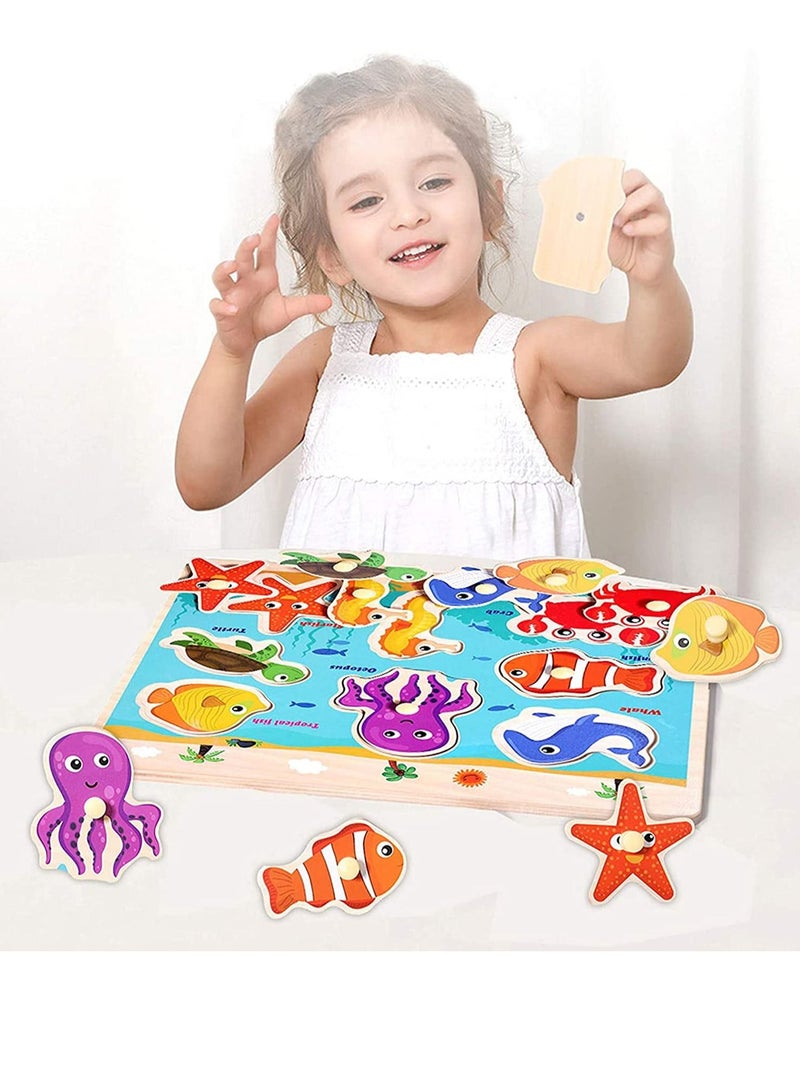 Wooden Peg Puzzles for Toddlers Kids Educational Learning Toys Preeschool Peg Puzzles Toy 3 Pcs Toddler Puzzles Set Traffic Animals and Ocean Great Gift for Girls and Boys