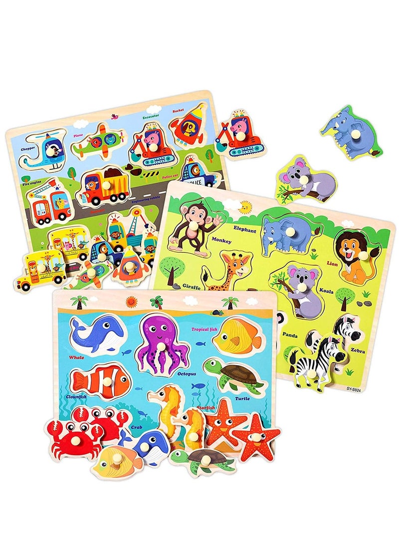 Wooden Peg Puzzles for Toddlers Kids Educational Learning Toys Preeschool Peg Puzzles Toy 3 Pcs Toddler Puzzles Set Traffic Animals and Ocean Great Gift for Girls and Boys