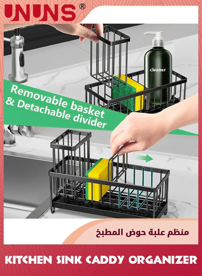 Sponge Holder For Kitchen Sink,Sink Caddy With Brush Holder Self-draining,Kitchen Sponge Caddy Organizer With Divider Stainless Steel Sink Accessories Storage For Countertop,Black