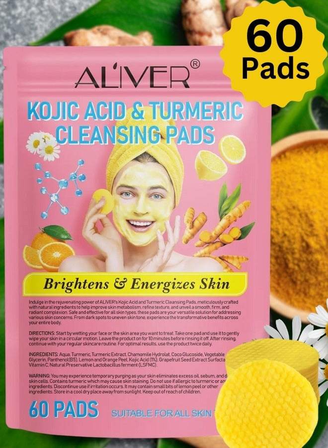 60Pcs Kojic Acid and Turmeric Cleansing Pads for Dark Spots Turmeric Kojic Acid Cleansing Pads Helps Balance Skin Oil and Water Fade Spot Remove Excess Keratin Clean Oil Refines Pores Turmeric Cleansing Pads