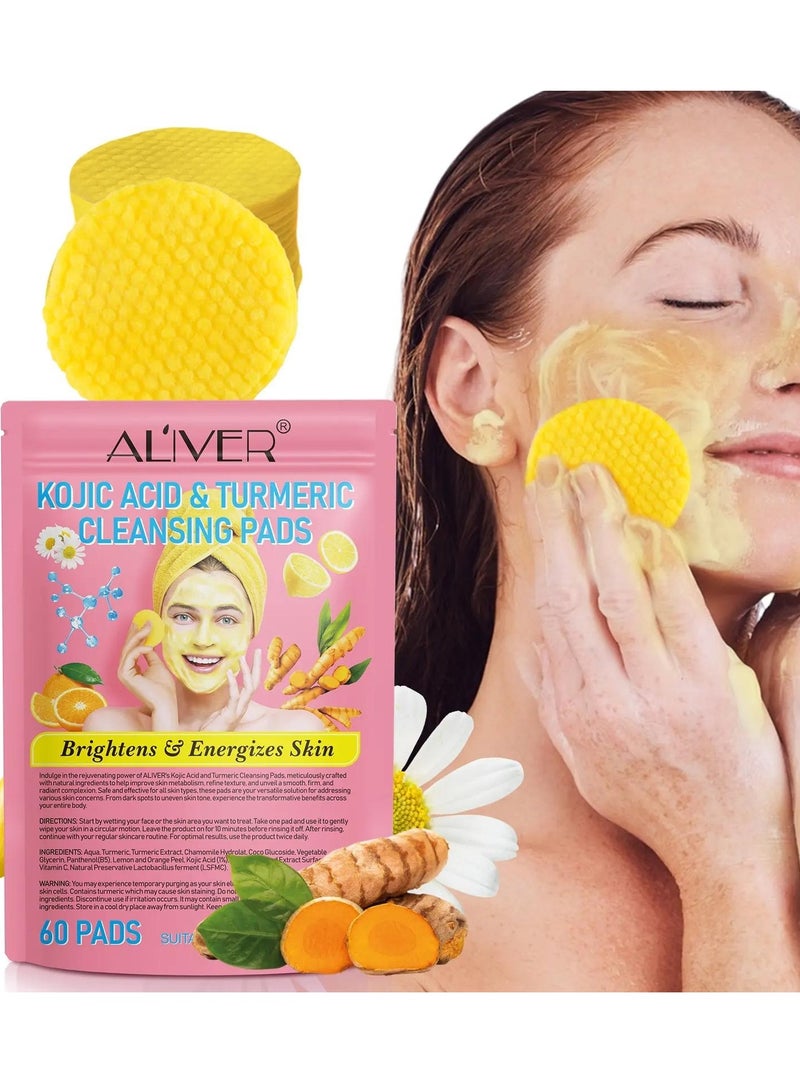 60Pcs Kojic Acid and Turmeric Cleansing Pads for Dark Spots Turmeric Kojic Acid Cleansing Pads Helps Balance Skin Oil and Water Fade Spot Remove Excess Keratin Clean Oil Refines Pores Turmeric Cleansing Pads