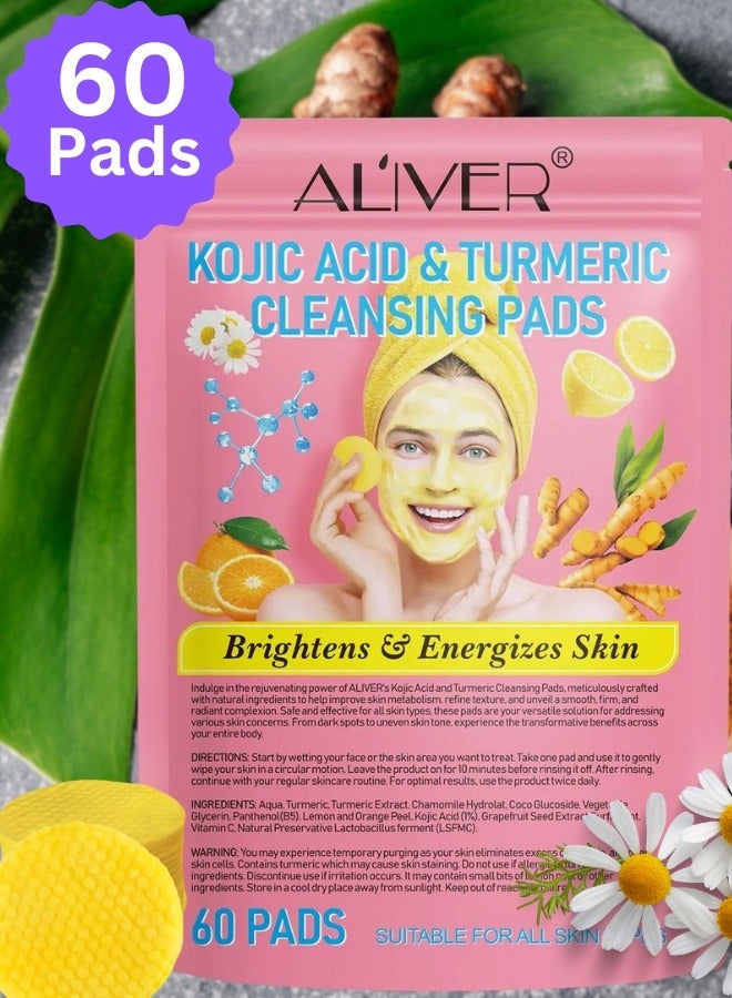 60Pcs Kojic Acid and Turmeric Cleansing Pads for Dark Spots Turmeric Kojic Acid Cleansing Pads Helps Balance Skin Oil and Water Fade Spot Remove Excess Keratin Clean Oil Refines Pores Turmeric Cleansing Pads