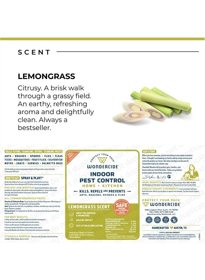 Indoor Pest Control Spray for Home and Kitchen - Ant, Roach, Spider, Fly, Flea, Bug Killer and Insect Repellent - with Natural Essential Oils - Pet and Family Safe — Lemongrass 32 oz