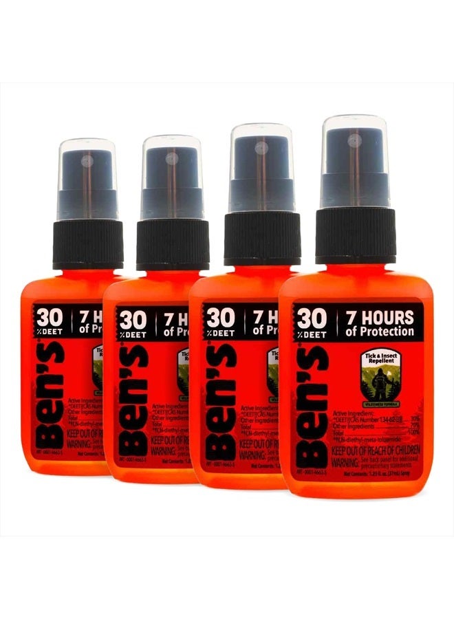 Tick & Insect Repellent - Travel Size Bug Spray with 30% DEET for Mosquitoes, Ticks & More - Up to 7 Hours of Protection - Fragrance-Free - 1.25 oz (4 Pack)