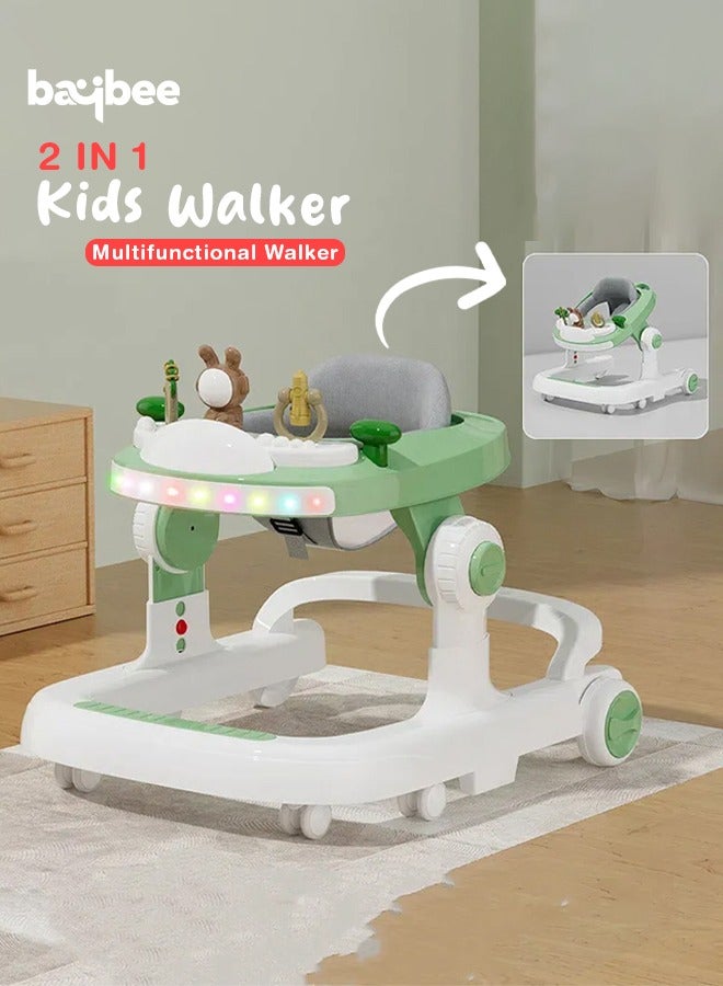 2 in 1 Baby Walker for Kids, Baby Push Walker with 3 Adjustable Height, Speed Adjustable, Foldable Kids Walker with Light, Tray & Musical Toddler Walker for Baby 6 to 24 Months Boy Girl Green