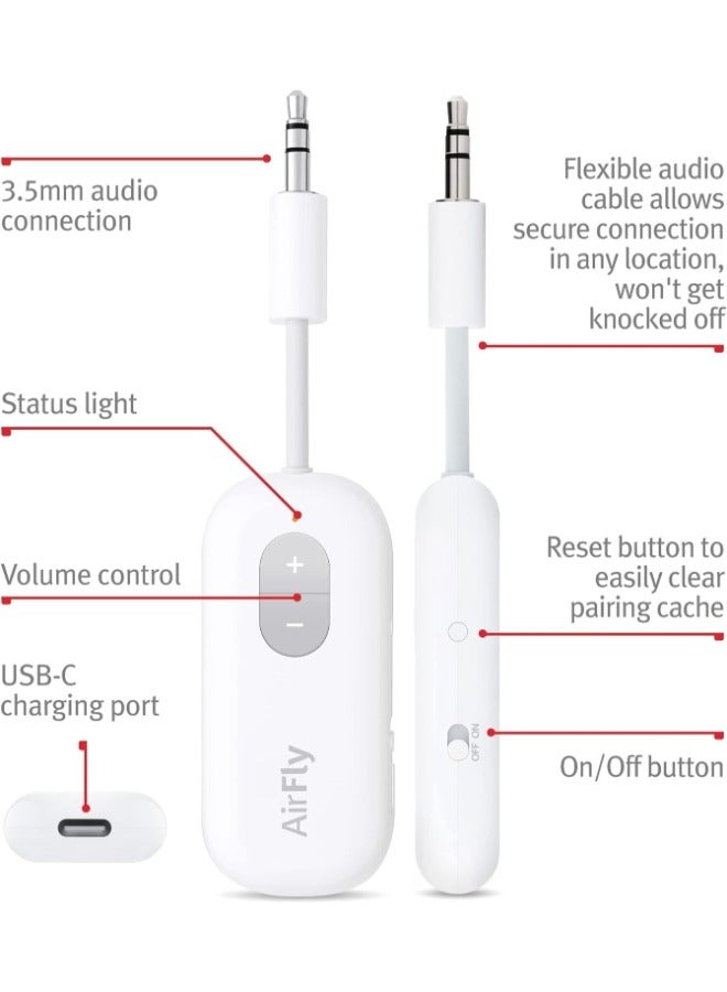 Airfly V2 Bluetooth Transmitter - 20Hrs Playtime, Volume Control, For In-Flight Console, Treadmills, TV Monitors, Wii, Works w/ Apple Airpods & All Bluetooth Headphones & Speakers - White