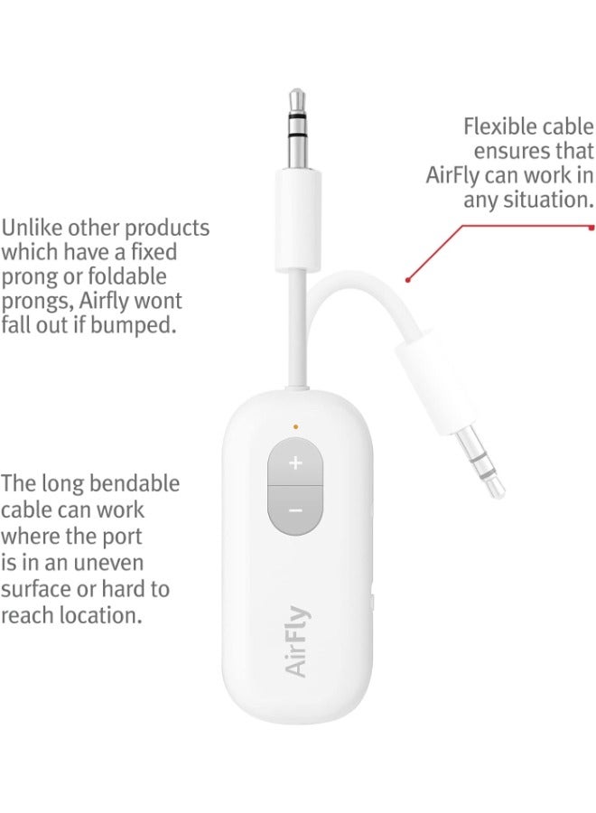 Airfly V2 Bluetooth Transmitter - 20Hrs Playtime, Volume Control, For In-Flight Console, Treadmills, TV Monitors, Wii, Works w/ Apple Airpods & All Bluetooth Headphones & Speakers - White