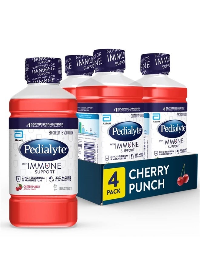 Pedialyte with Immune Support, Cherry Punch, Electrolyte Hydration Drink with Zinc, Selenium, and Magnesium, 33.8 Fl Oz (Pack of 4)