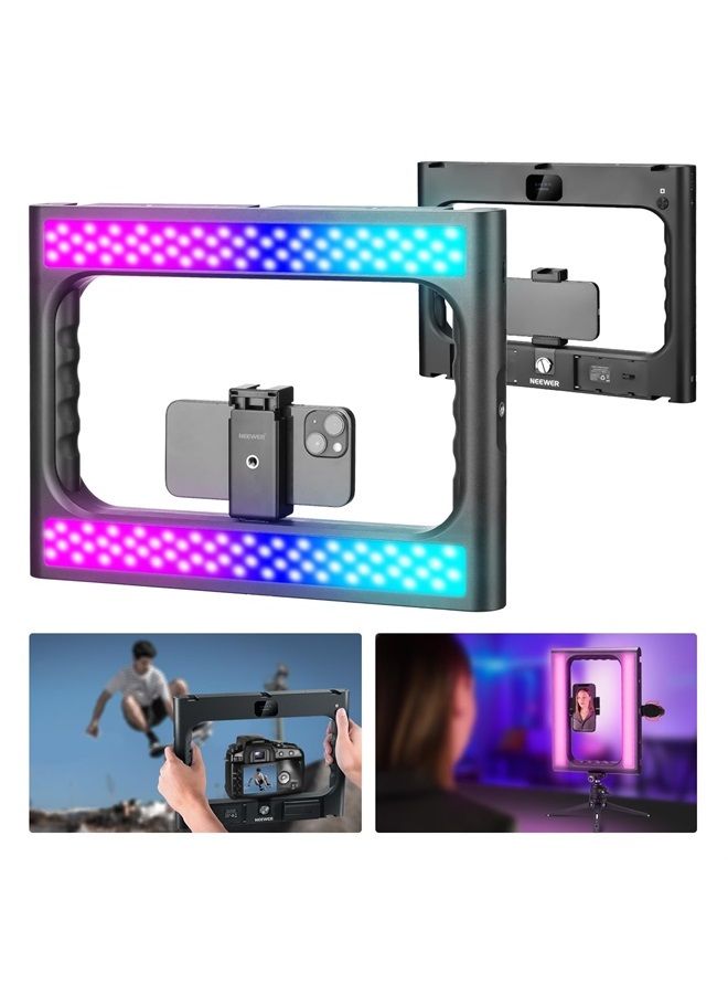 NEEWER RGB-A111 II Smartphone Video Rig with Light Kit, Support Vertical Shoot, Handheld Phone Camera Cage Stabilizer with Cold Shoes/Shutter/Battery, 17 Scenes RGB Ring Light 2500K-10000K CRI97+